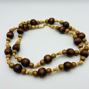 Vintage Avon Wooden Bead Necklace Brown Tan Boho Chunky